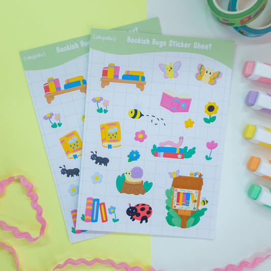 Bookish bugs themed sticker sheet, great for planners