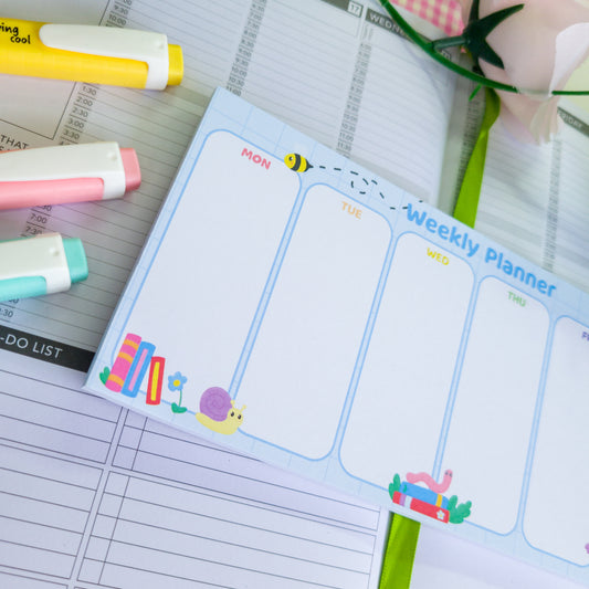 Bookish bugs weekly planner, shown in use, great for ADHD planning