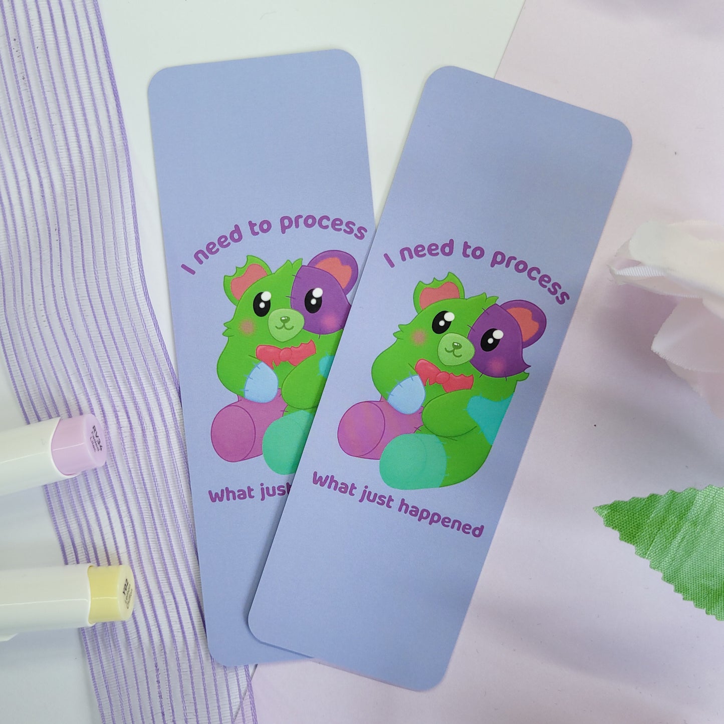Frankenbear bookmark featuring the text "I need to process what just happened"
