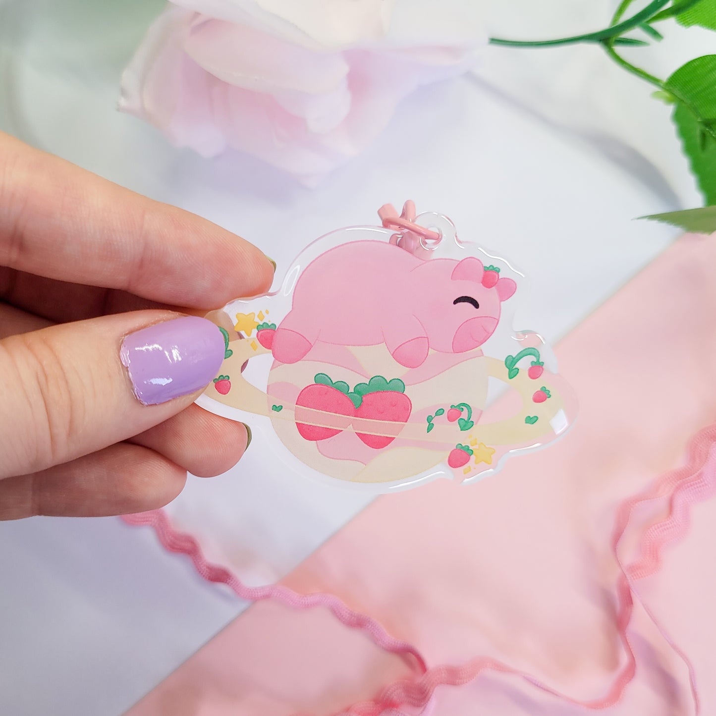 Strawberries and Cream space capybara keychain