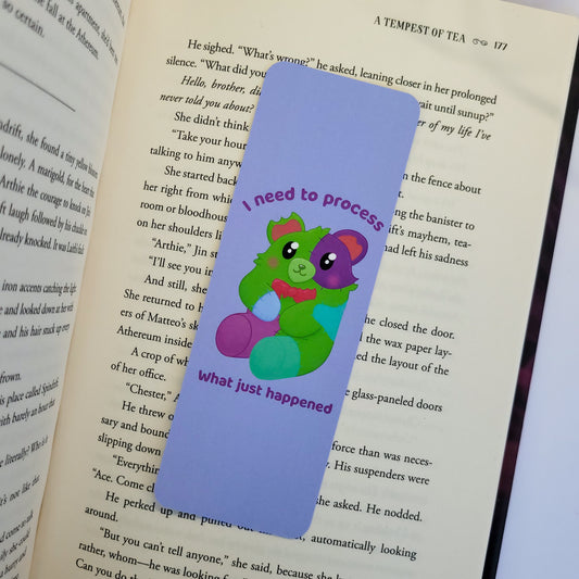 Frankenbear bookmark featuring the text "I need to process what just happened"