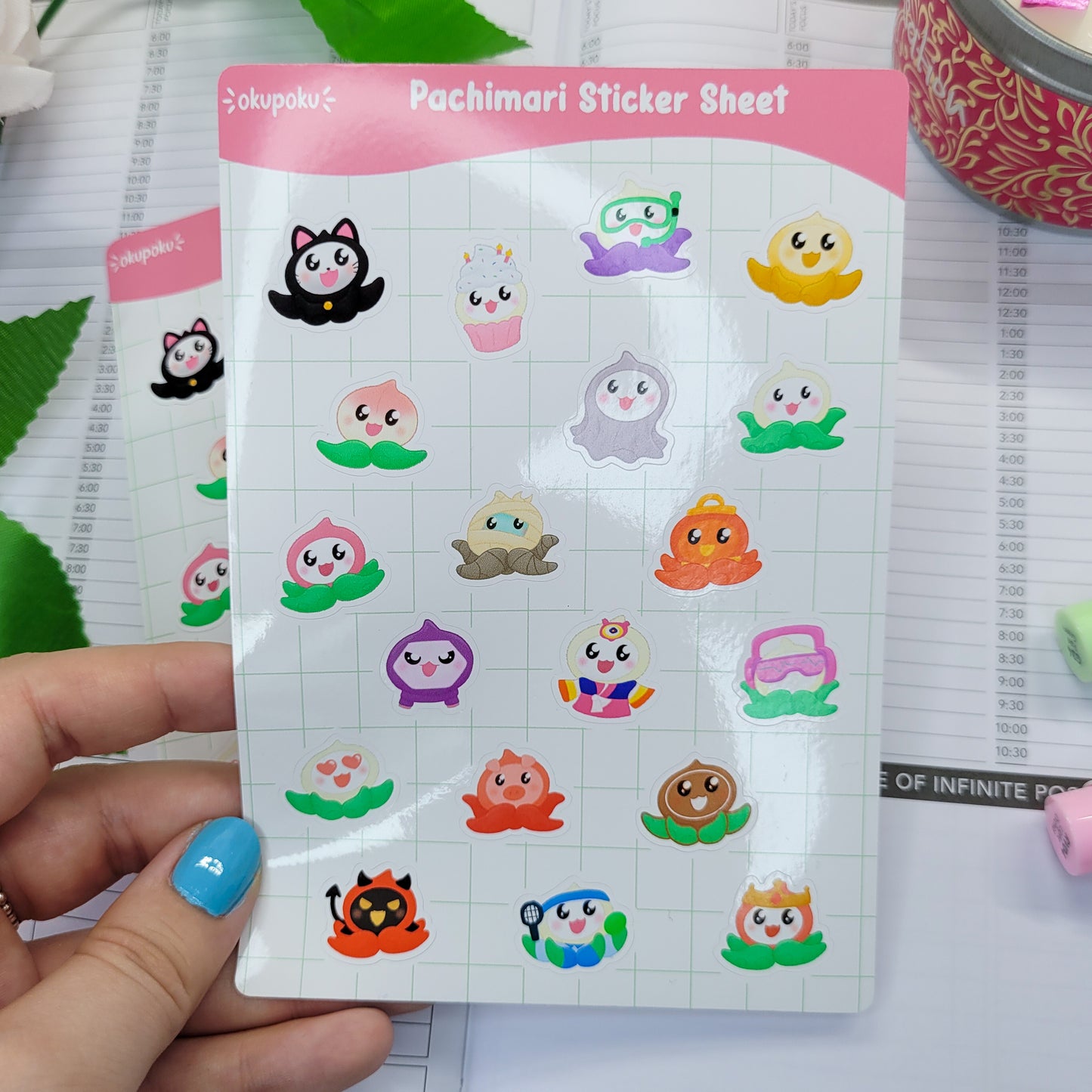 Overwatch Pachimari sticker sheet shown in use