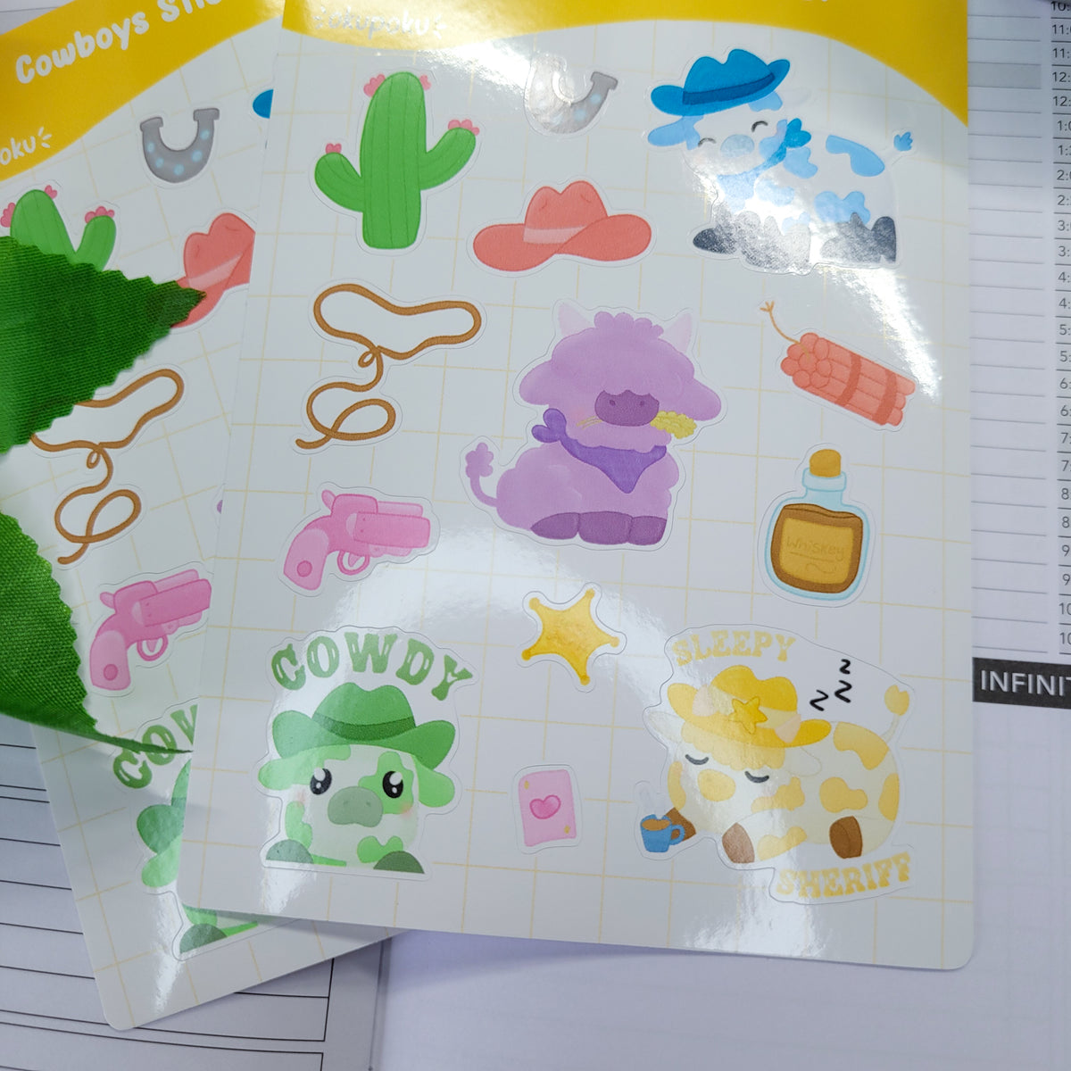 cute cows as cowboys sticker sheet, A6 size shown in use
