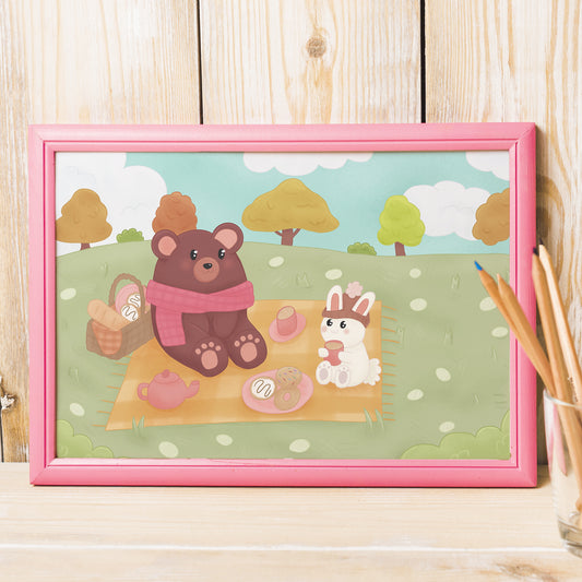 Cute bear and rabbit having a picnic art print