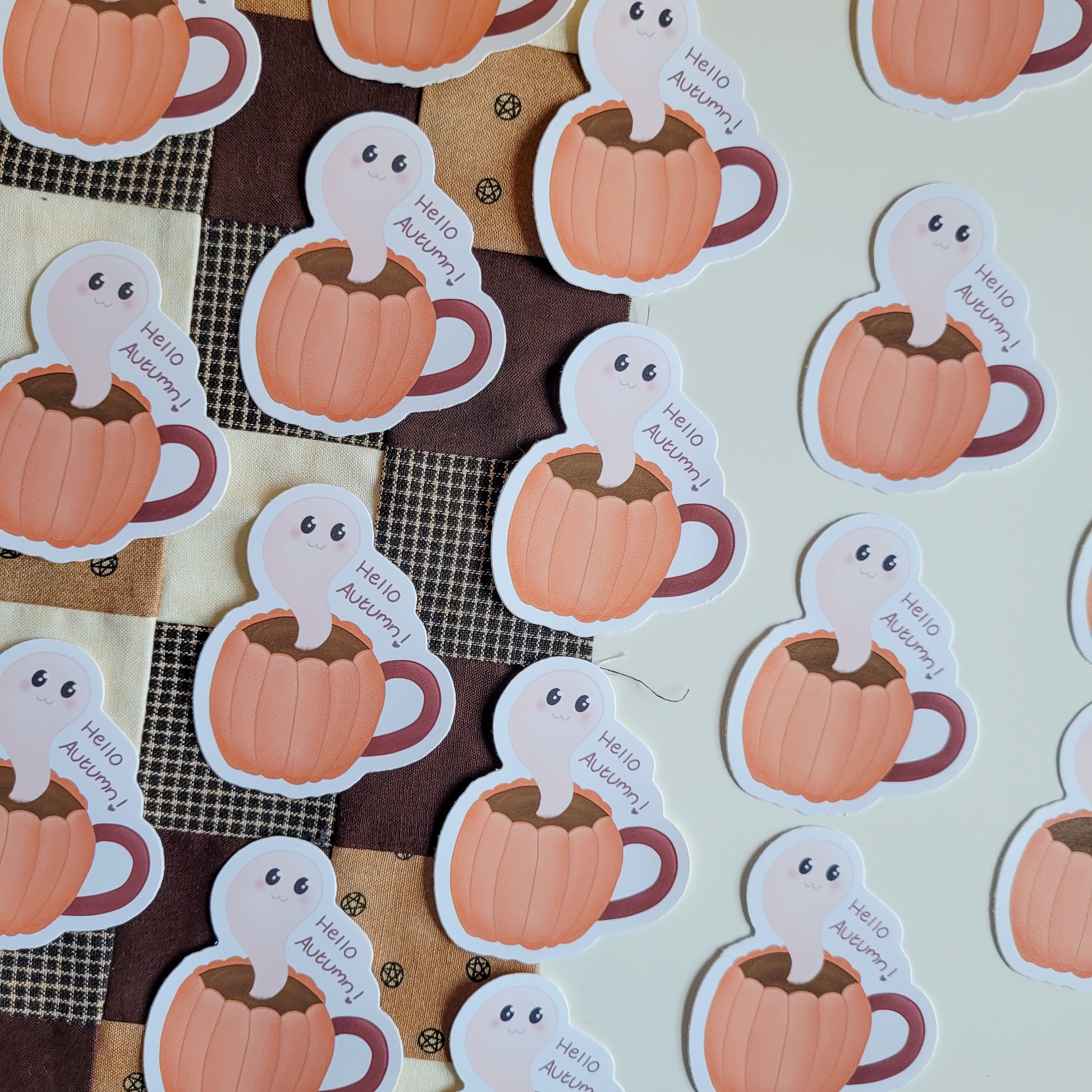 Cute ghost stickers featuring the text hello autumn