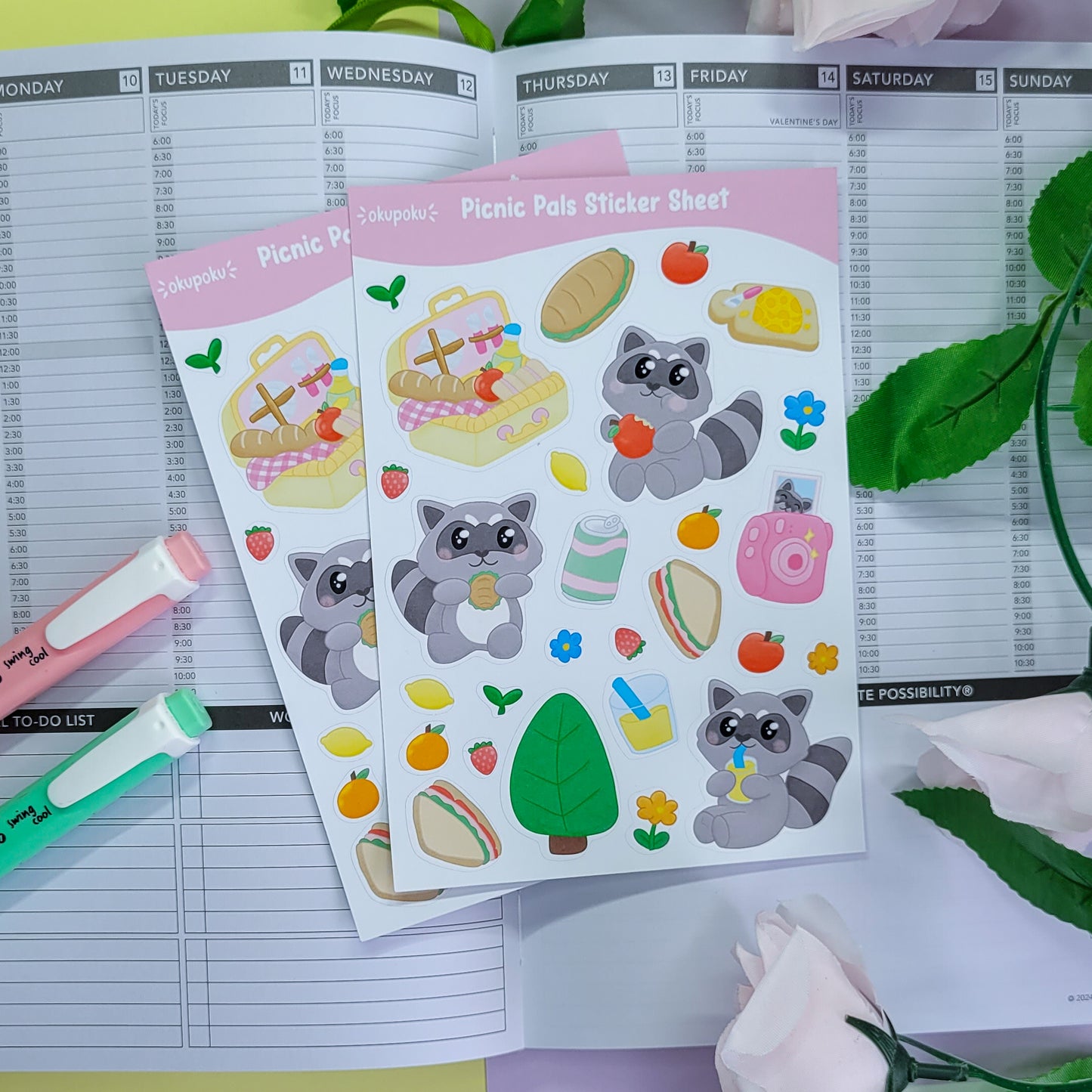 Cute Racoons having a picnic stickersheet featuring lots of food themed stickers too