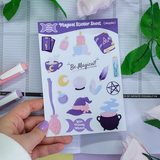 Magical themed stickersheet featuring witchy items. Cute planner sticker sheet for journalling