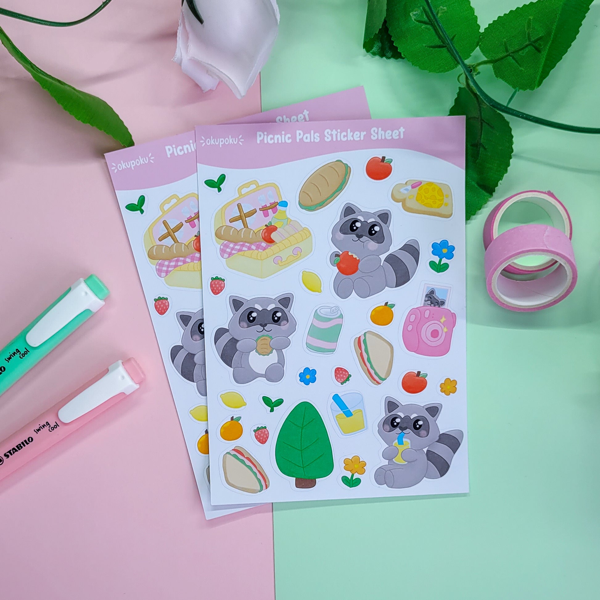 Cute Racoons having a picnic stickersheet featuring lots of food themed stickers too