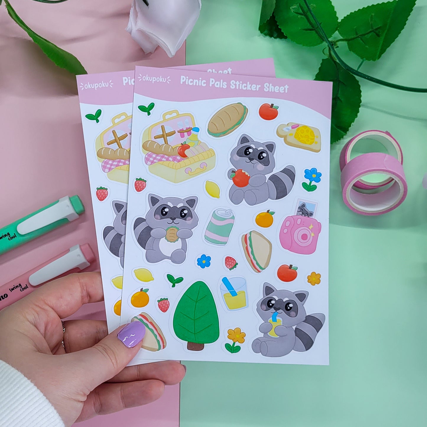 Cute Racoons having a picnic stickersheet featuring lots of food themed stickers too