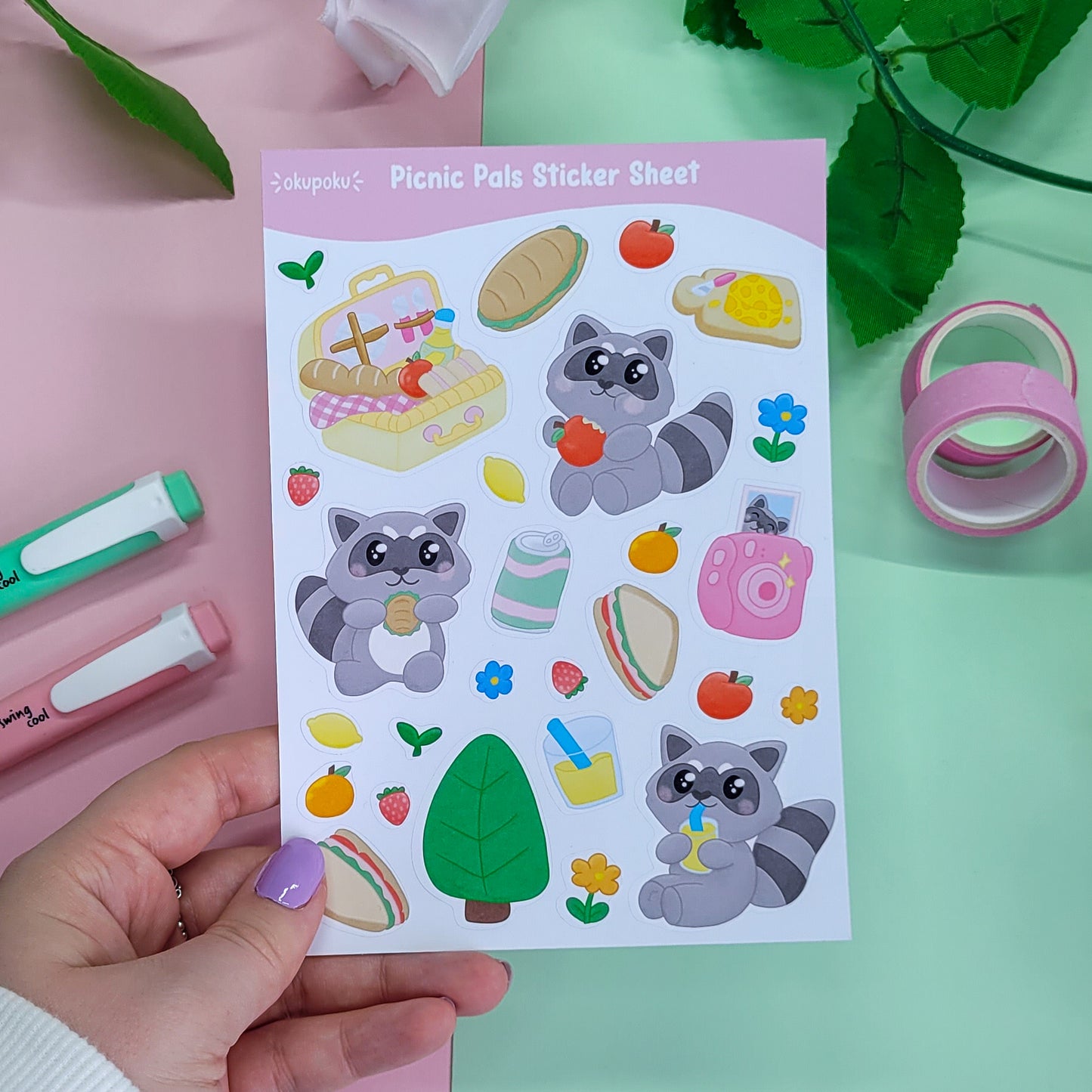 Cute Racoons having a picnic stickersheet featuring lots of food themed stickers too