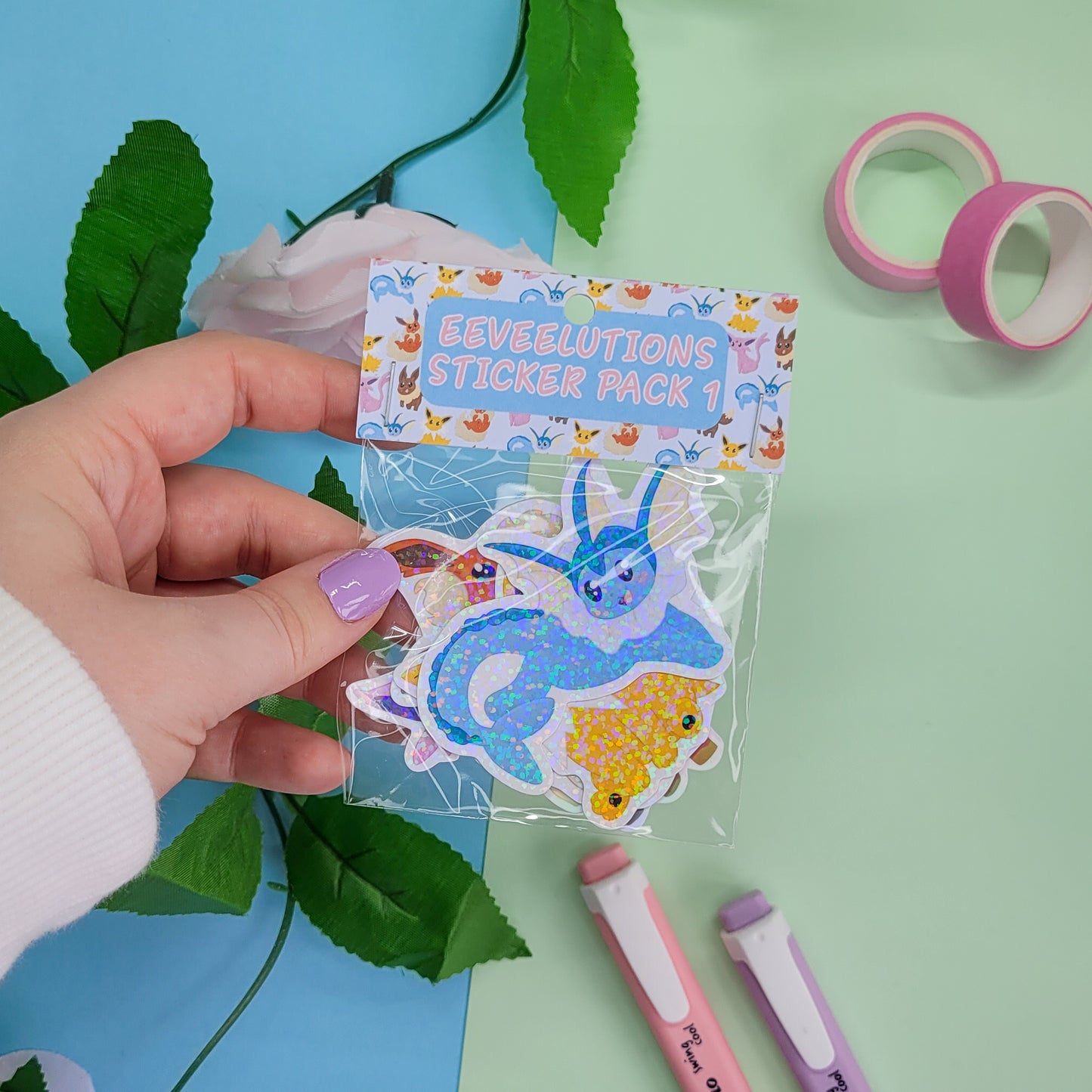 Eeveelutions pack one stickers, Featurs 5 pokemon stickers including eevee, Vaporeon, Jolteon, Flareon, Espeon