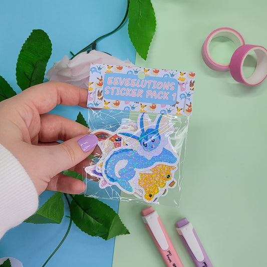 Eeveelutions pack one stickers, Featurs 5 pokemon stickers including eevee, Vaporeon, Jolteon, Flareon, Espeon