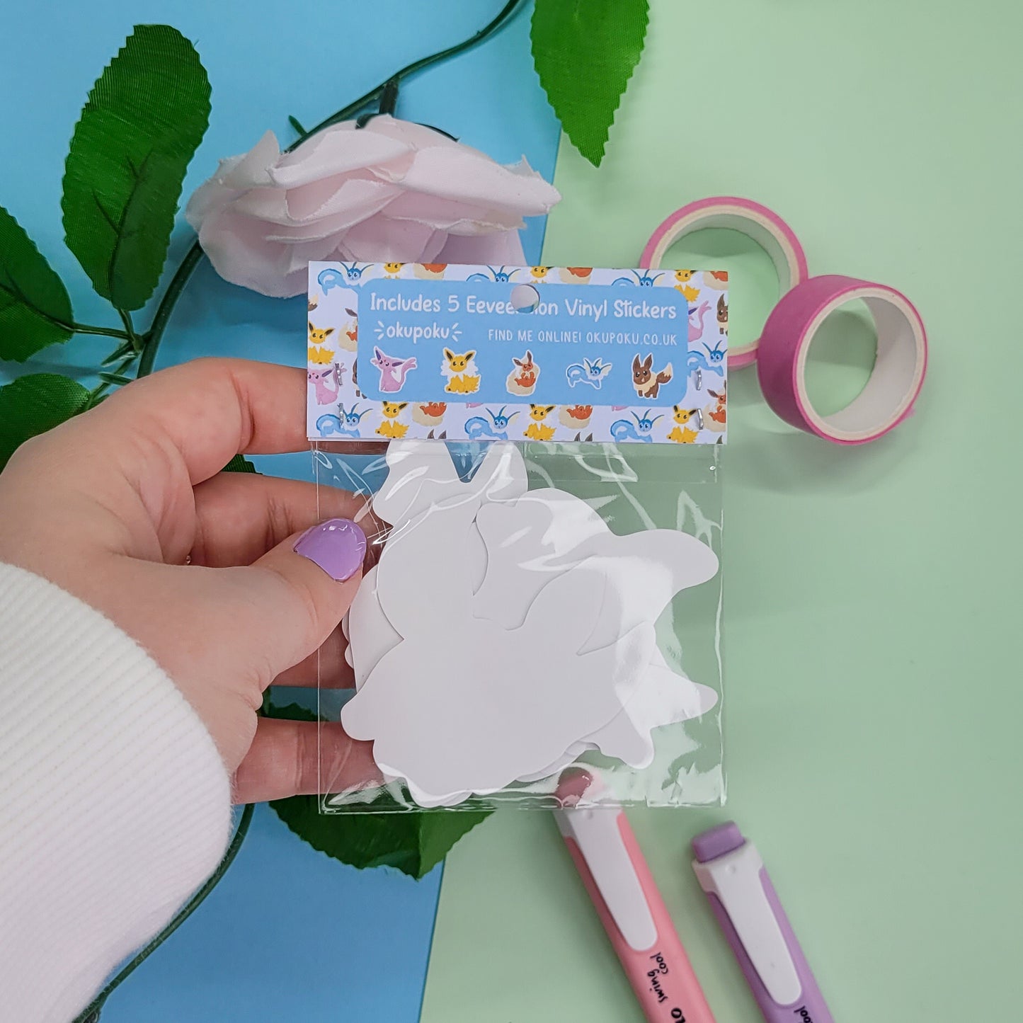 Eeveelutions pack one stickers, Featurs 5 pokemon stickers including eevee, Vaporeon, Jolteon, Flareon, Espeon
