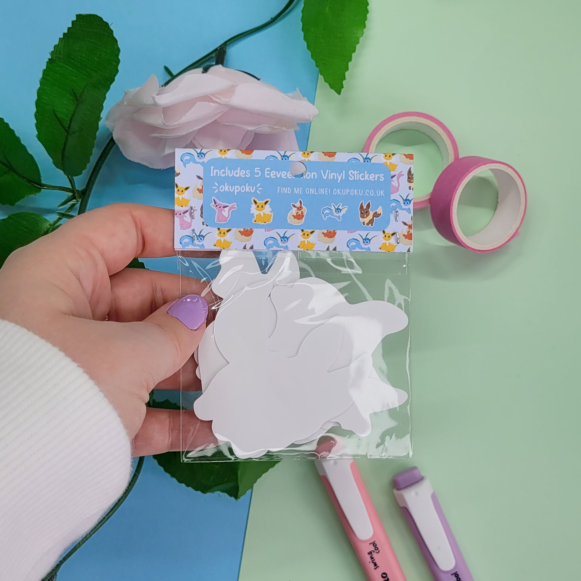 Eeveelutions pack one stickers, Featurs 5 pokemon stickers including eevee, Vaporeon, Jolteon, Flareon, Espeon