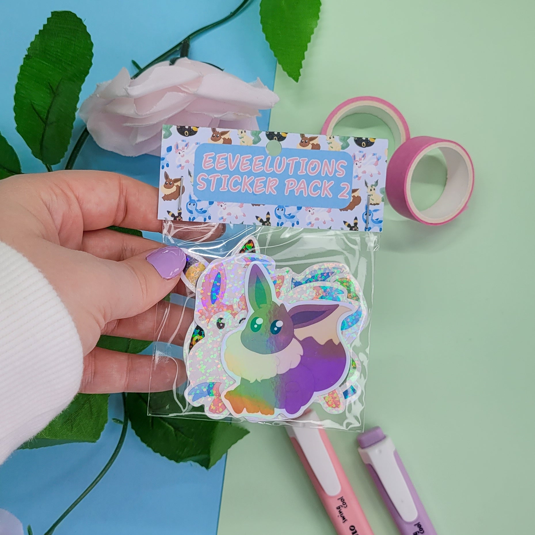 Eeveelutions pack one stickers, Featurs 5 pokemon stickers including eevee, sylveon, Leafeon, Umbreon and Glaceon