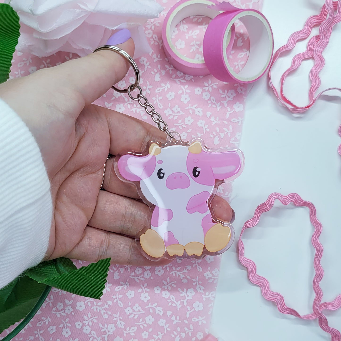 Cute pink cow acryllic keychain with resin on the front side