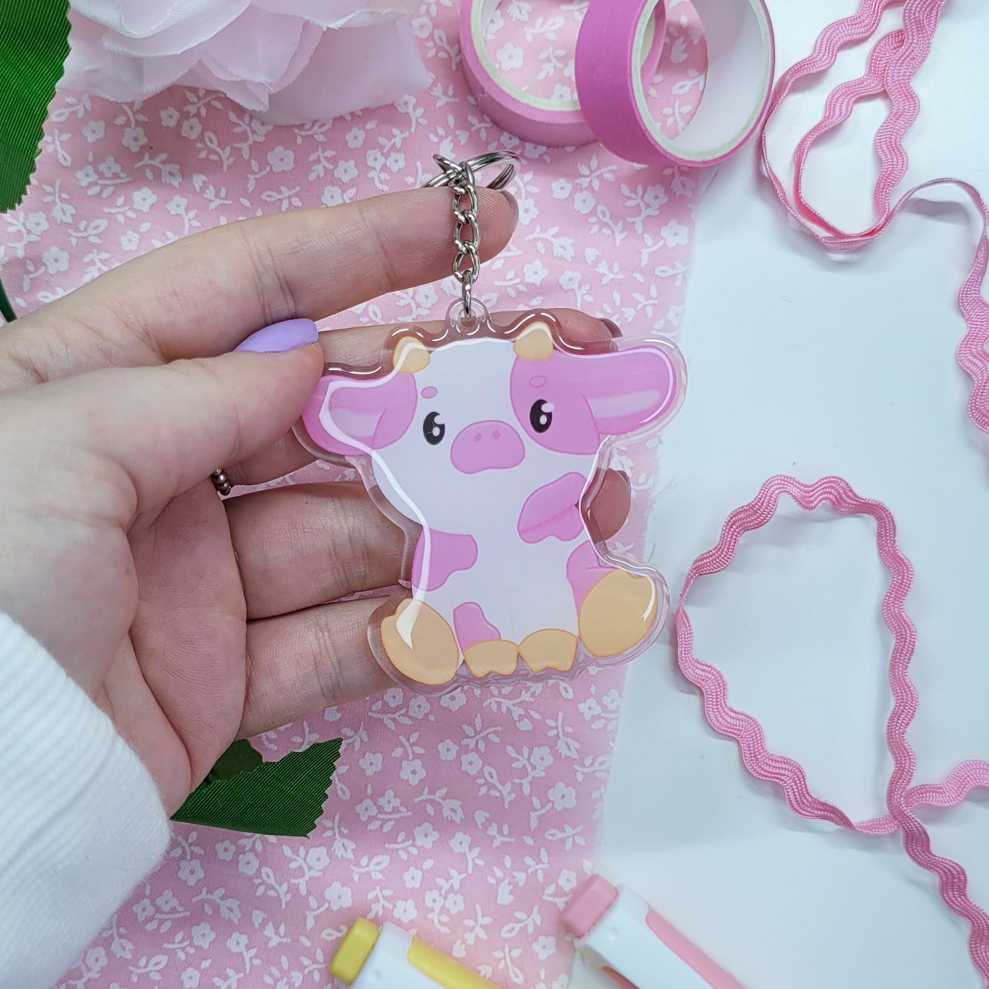 Cute pink cow acryllic keychain with resin on the front side