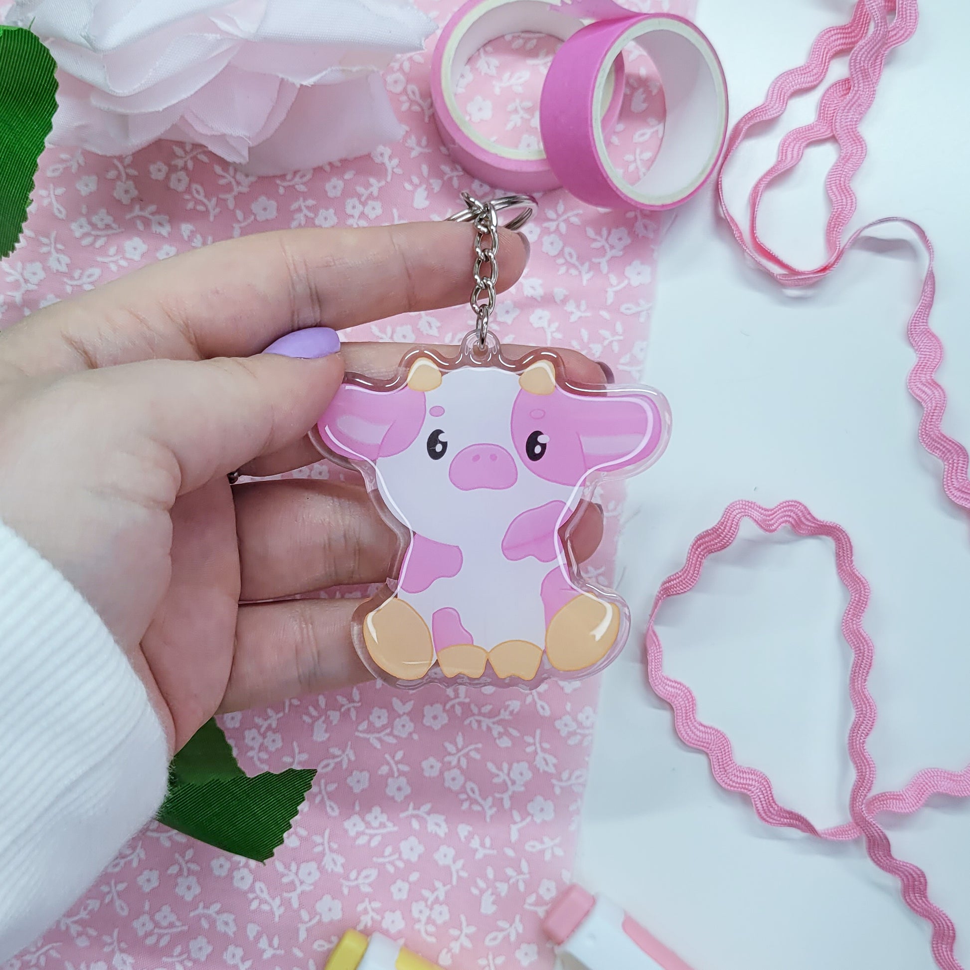 Cute pink cow acryllic keychain with resin on the front side