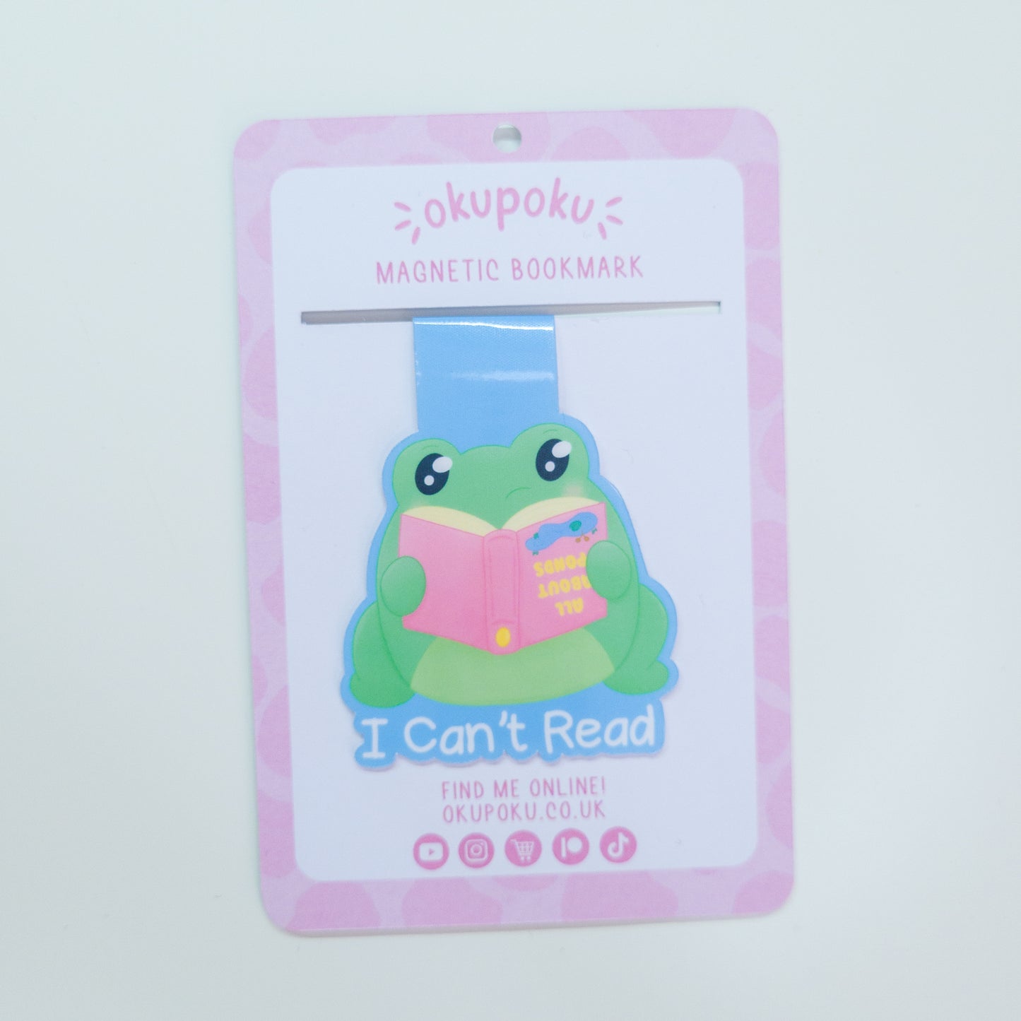 Fribbit the frog magnetic bookmark, featuring the text "I can't read"