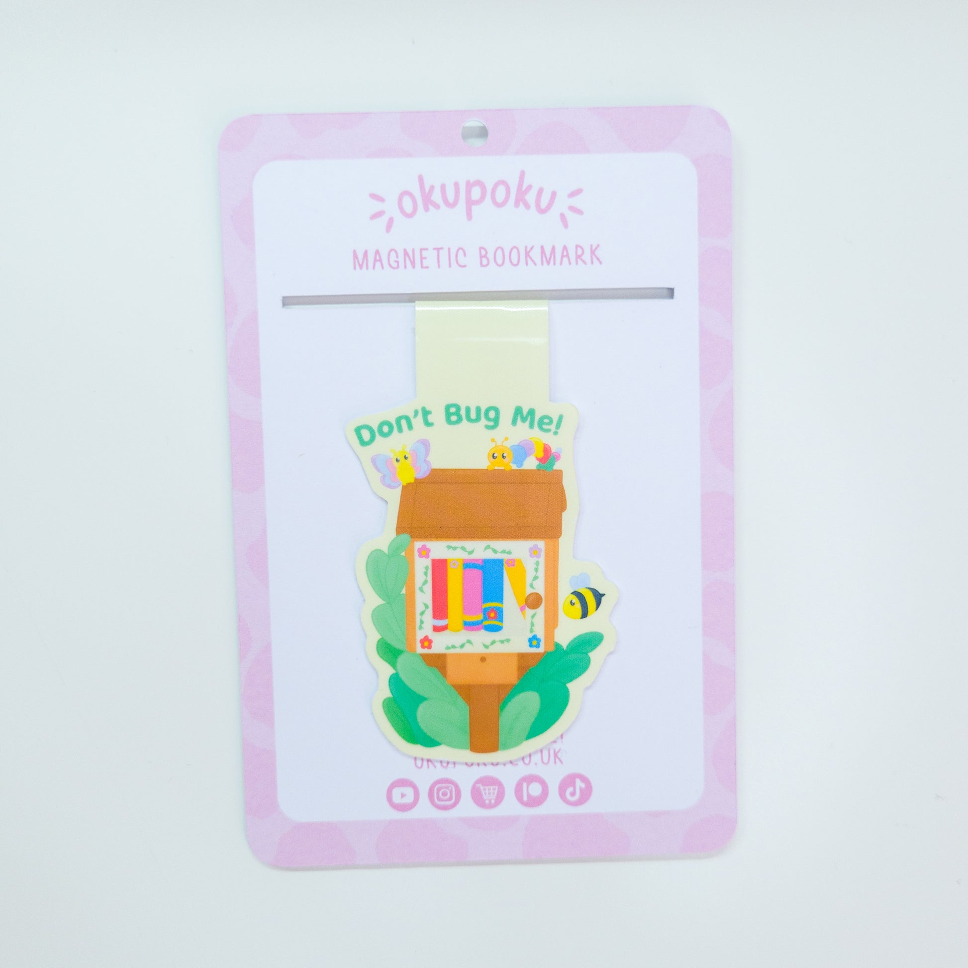 Cute bookish bugs magnetic bookmark, featuring the text "don't bug me"