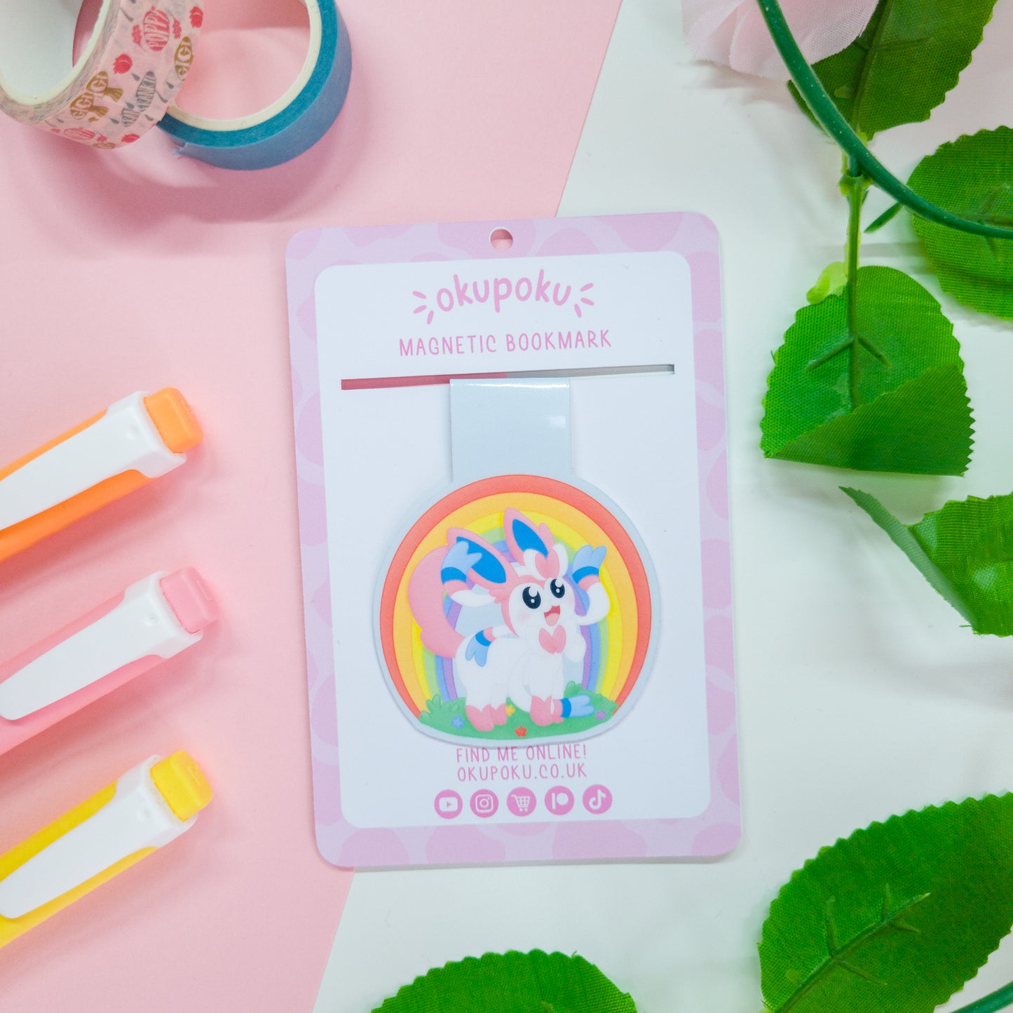 Sylveon magnetic bookmark with a rainbow behind her