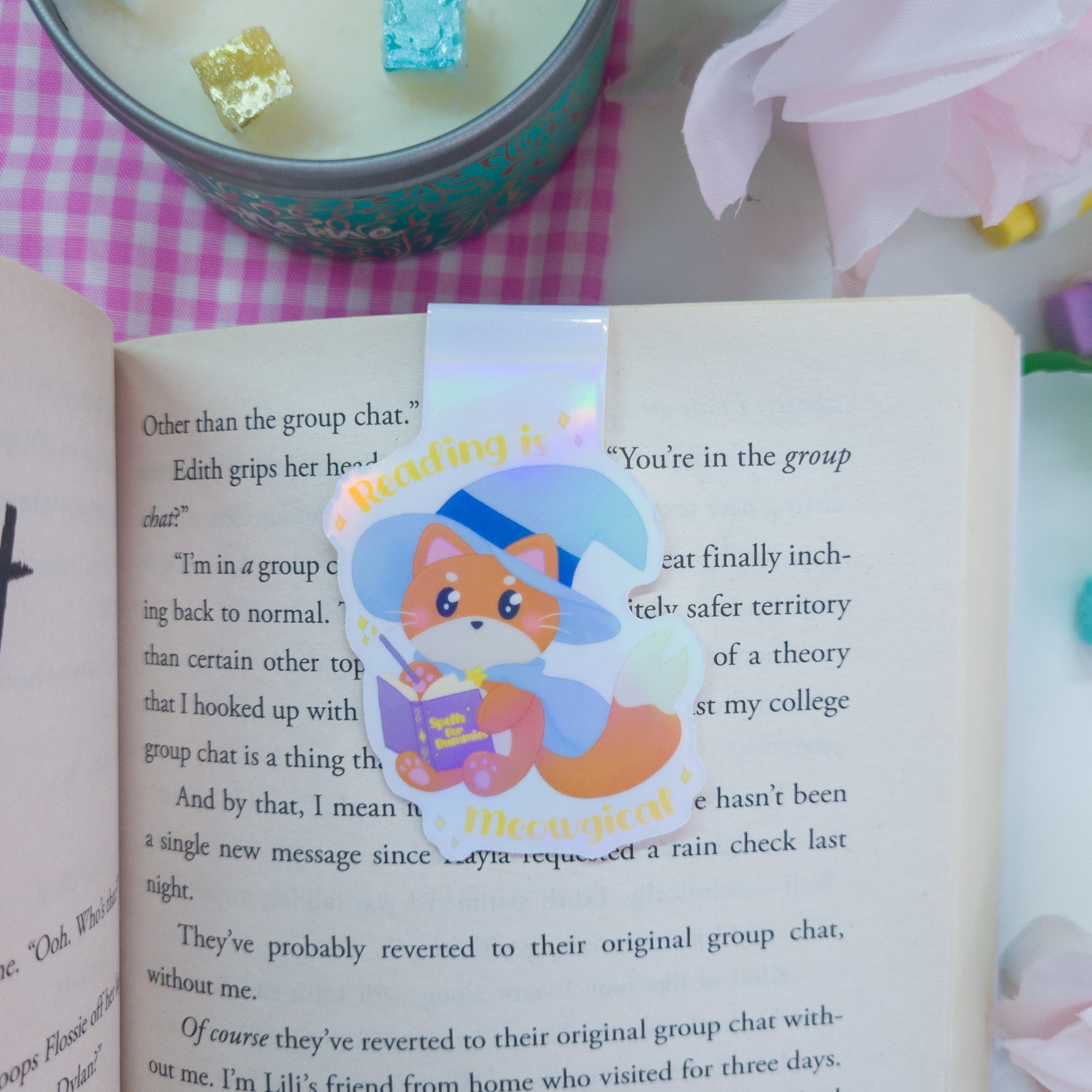 Katrina the Kitty Witch magnetic bookmark, featuring the text "Reading is Meowgical"