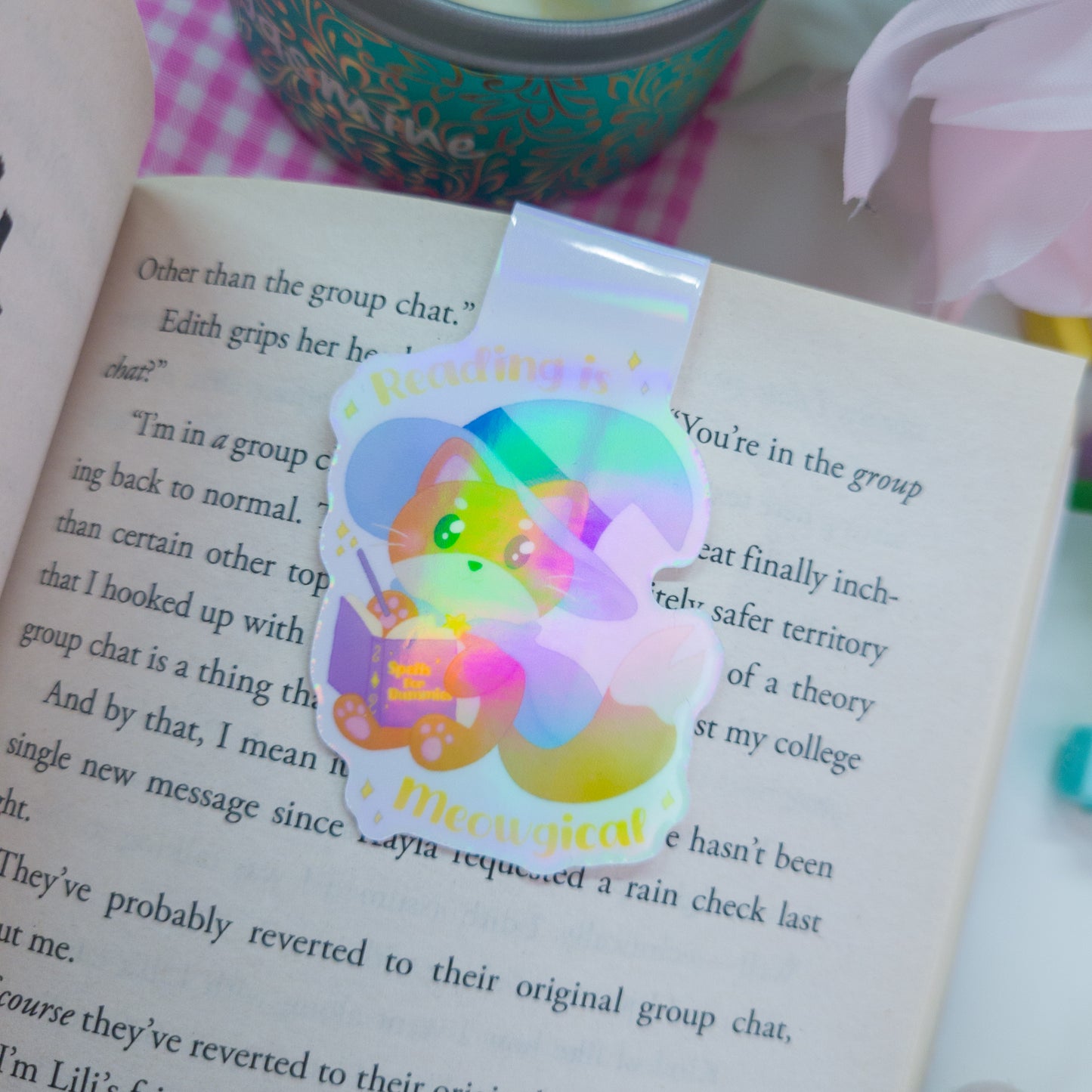 Katrina the Kitty Witch magnetic bookmark, featuring the text "Reading is Meowgical"