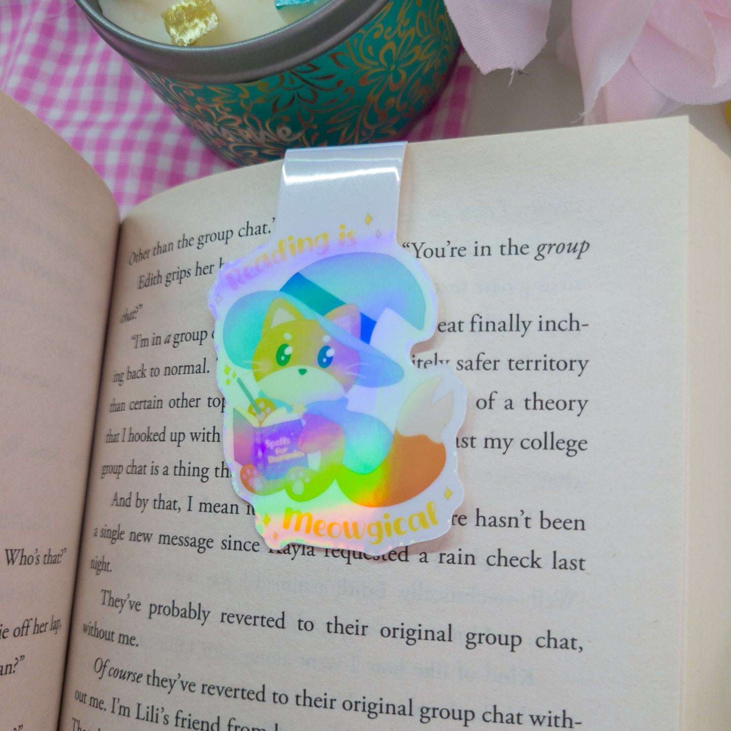 Katrina the Kitty Witch magnetic bookmark, featuring the text "Reading is Meowgical"
