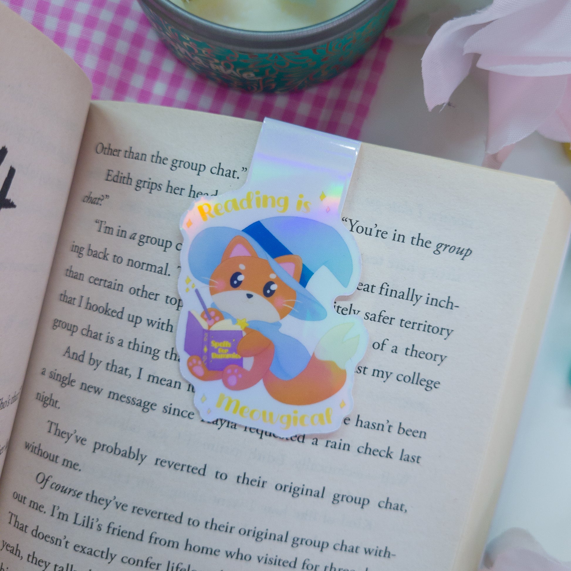 Katrina the Kitty Witch magnetic bookmark, featuring the text "Reading is Meowgical"