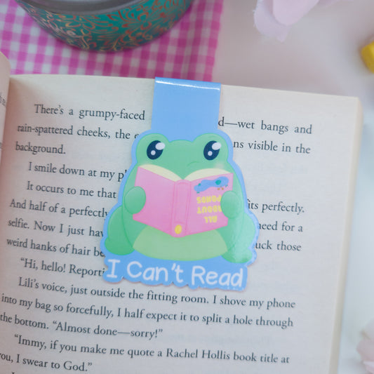 Fribbit the frog magnetic bookmar, featuring the text "I can't read"