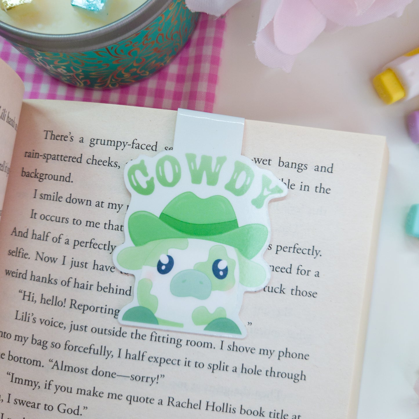 Matcha cowboy magnetic bookmark featuring the text "cowdy"