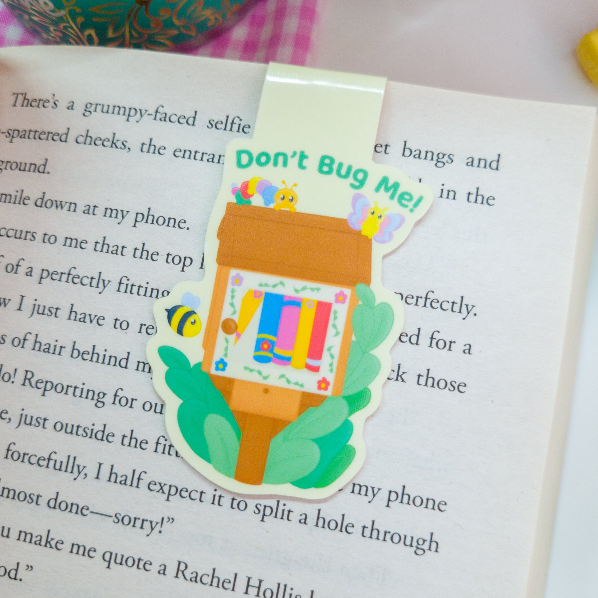 Cute bookish bugs magnetic bookmark, featuring the text "don't bug me"