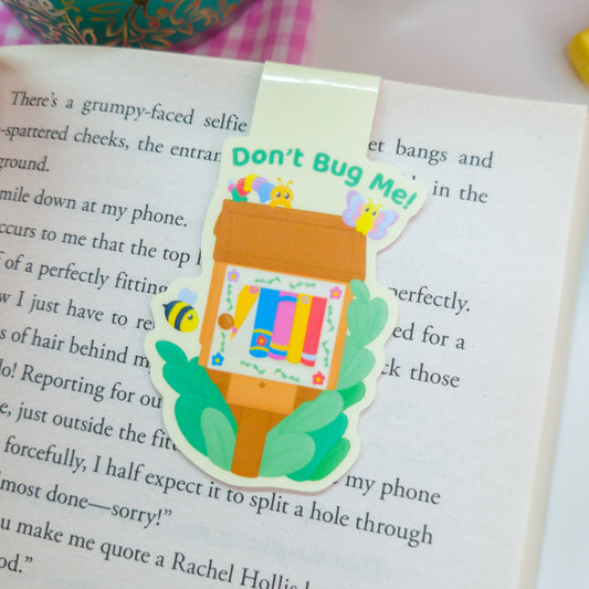 Cute bookish bugs magnetic bookmark, featuring the text "don't bug me"