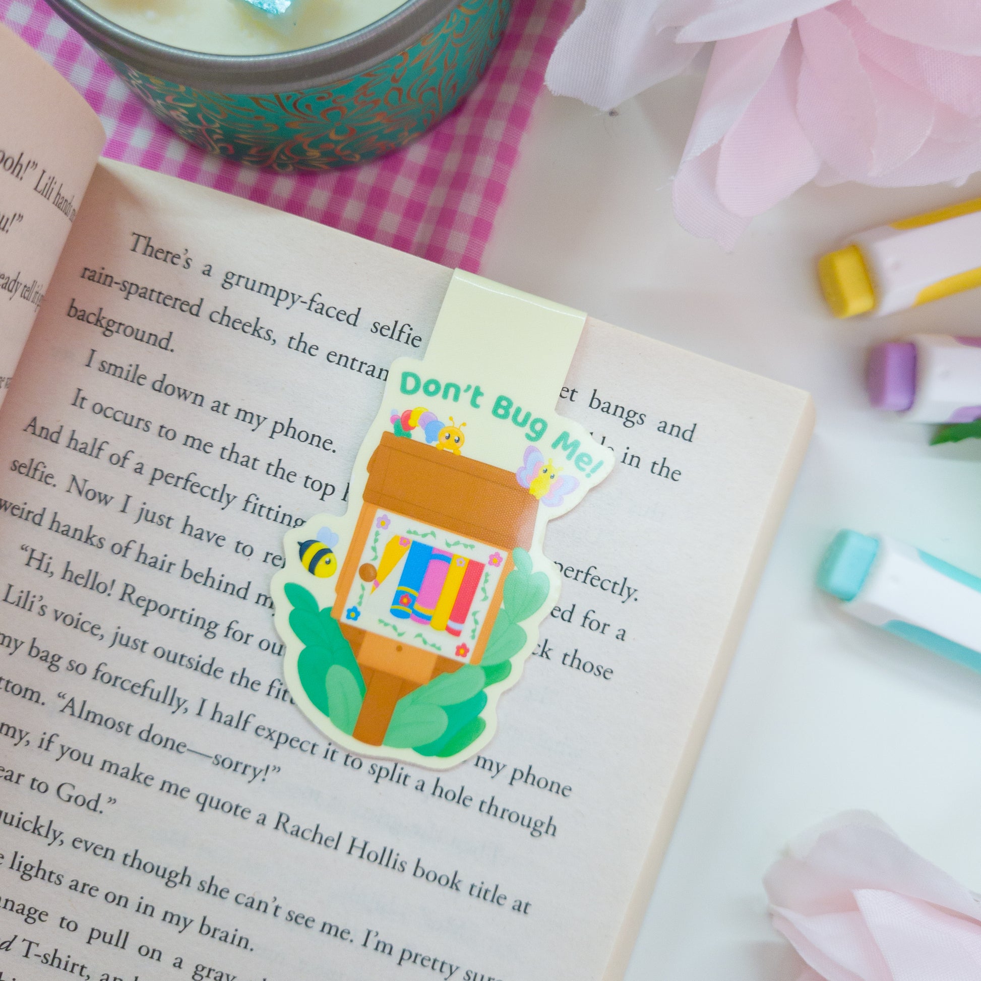 Cute bookish bugs magnetic bookmark, featuring the text "don't bug me"