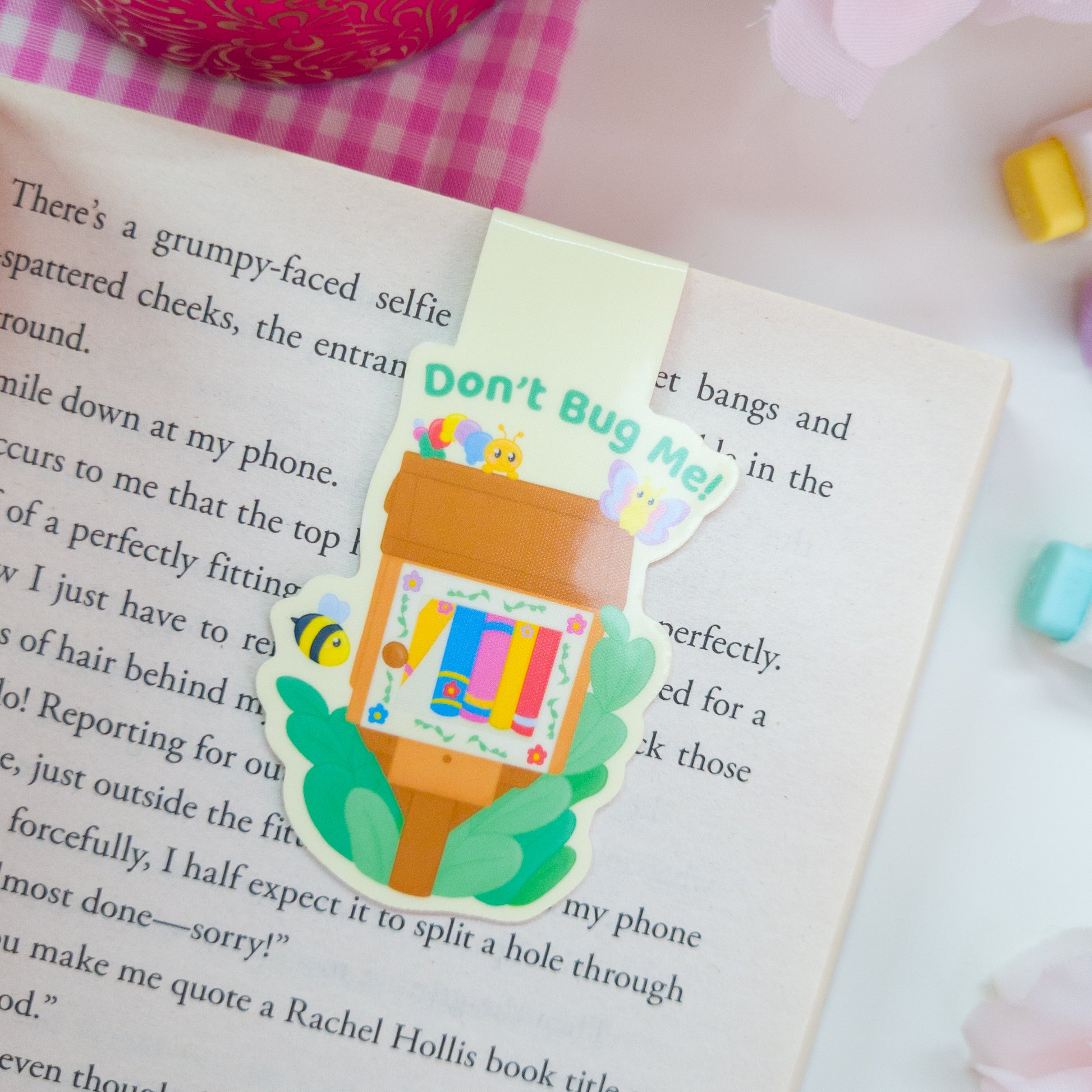 Cute bookish bugs magnetic bookmark, featuring the text "don't bug me"