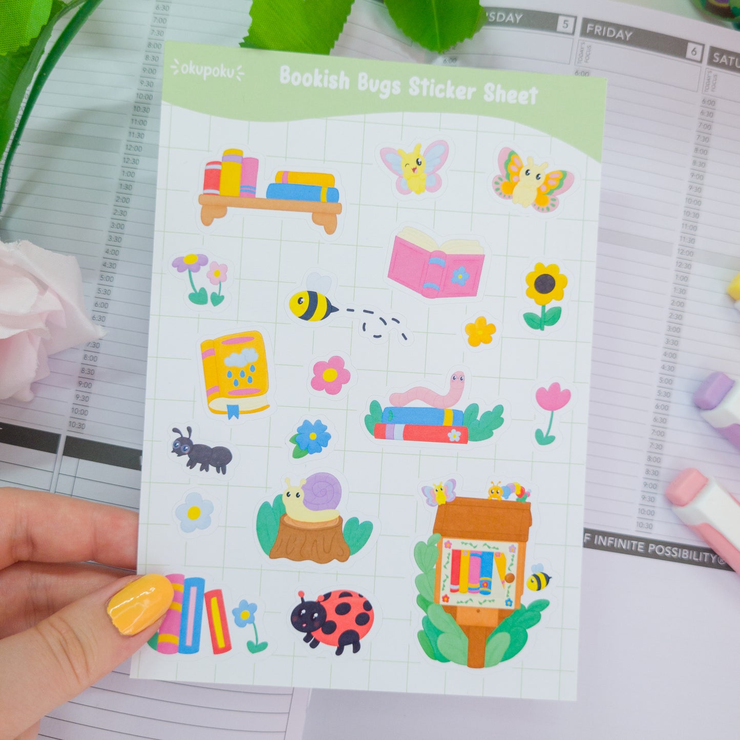 Bookish bugs themed sticker sheet, great for planners