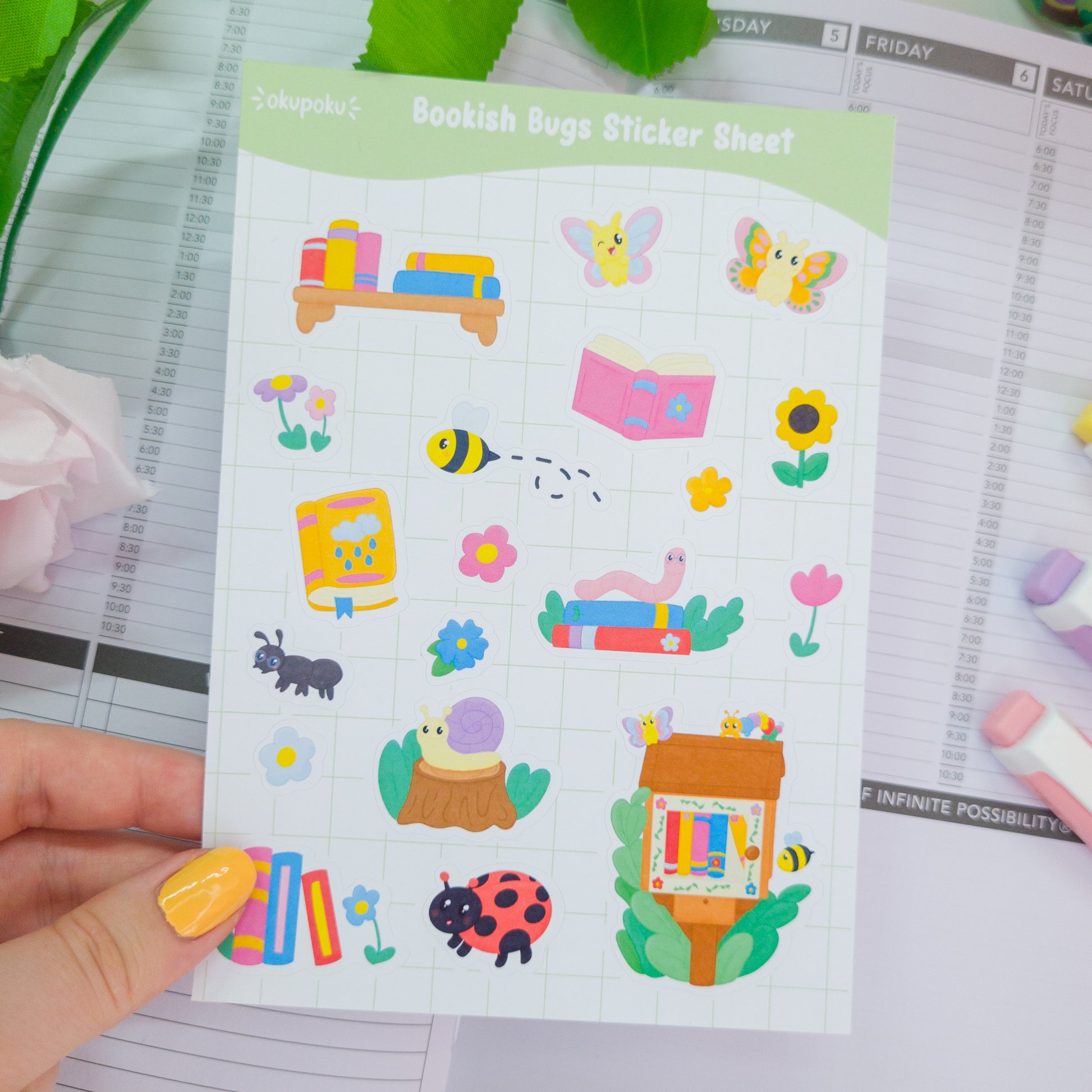 Bookish bugs themed sticker sheet, great for planners