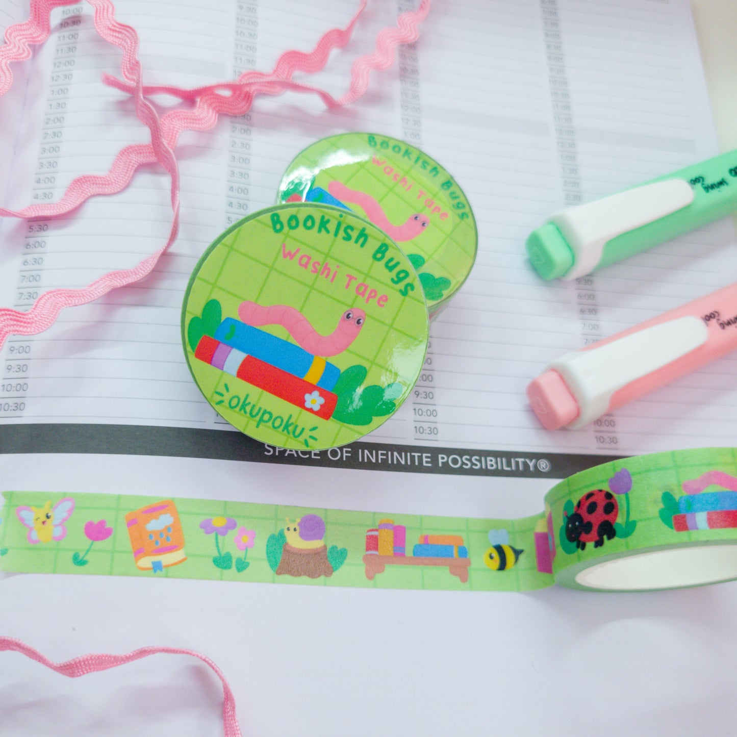 Bookish themed washi tape, featuring different bugs and books, perfect for journals