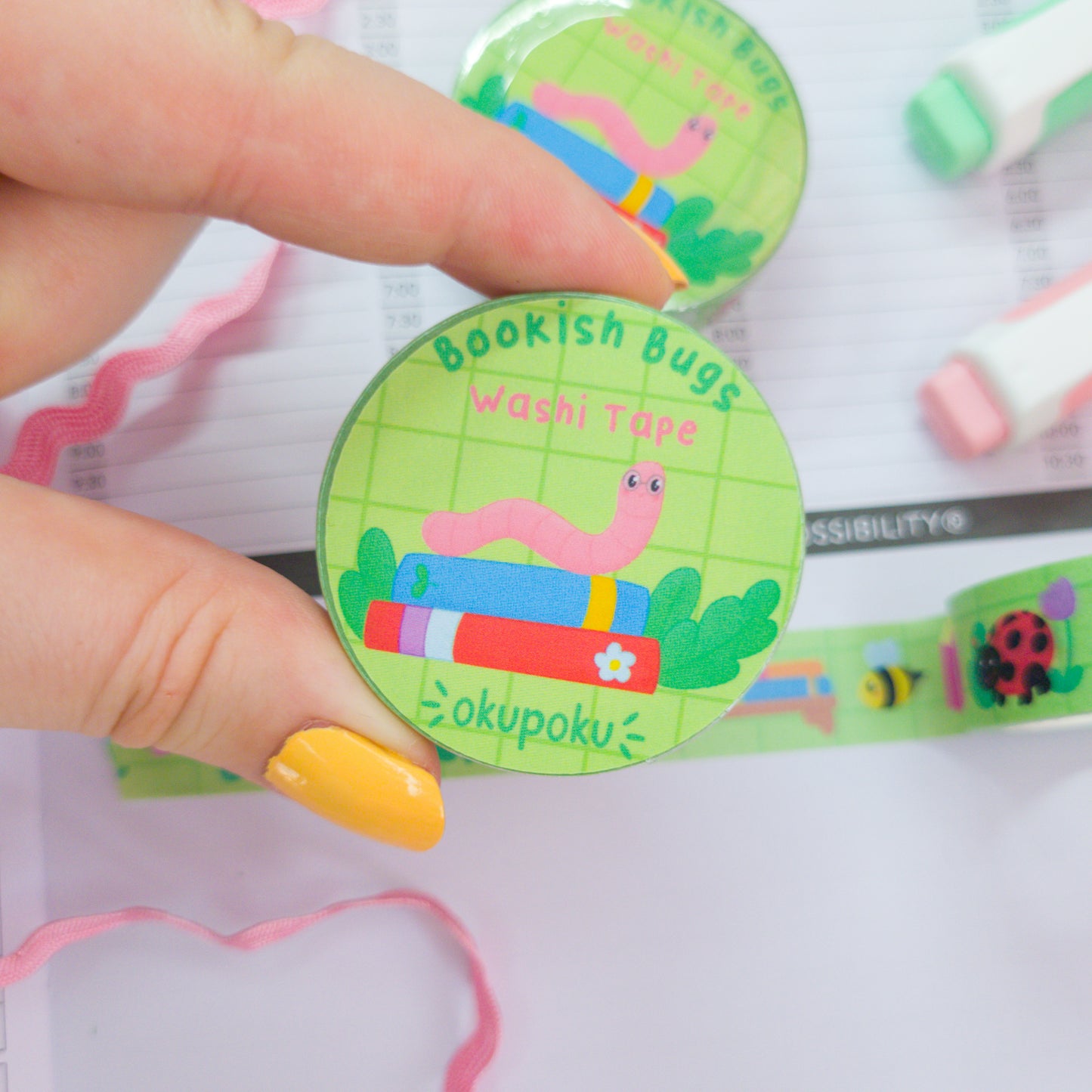 Bookish themed washi tape, featuring different bugs and books, perfect for journals