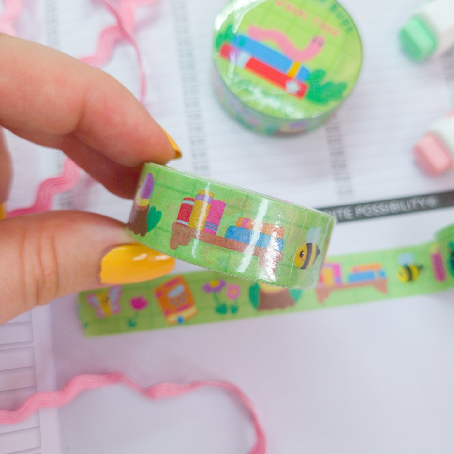 Bookish themed washi tape, featuring different bugs and books, perfect for journals
