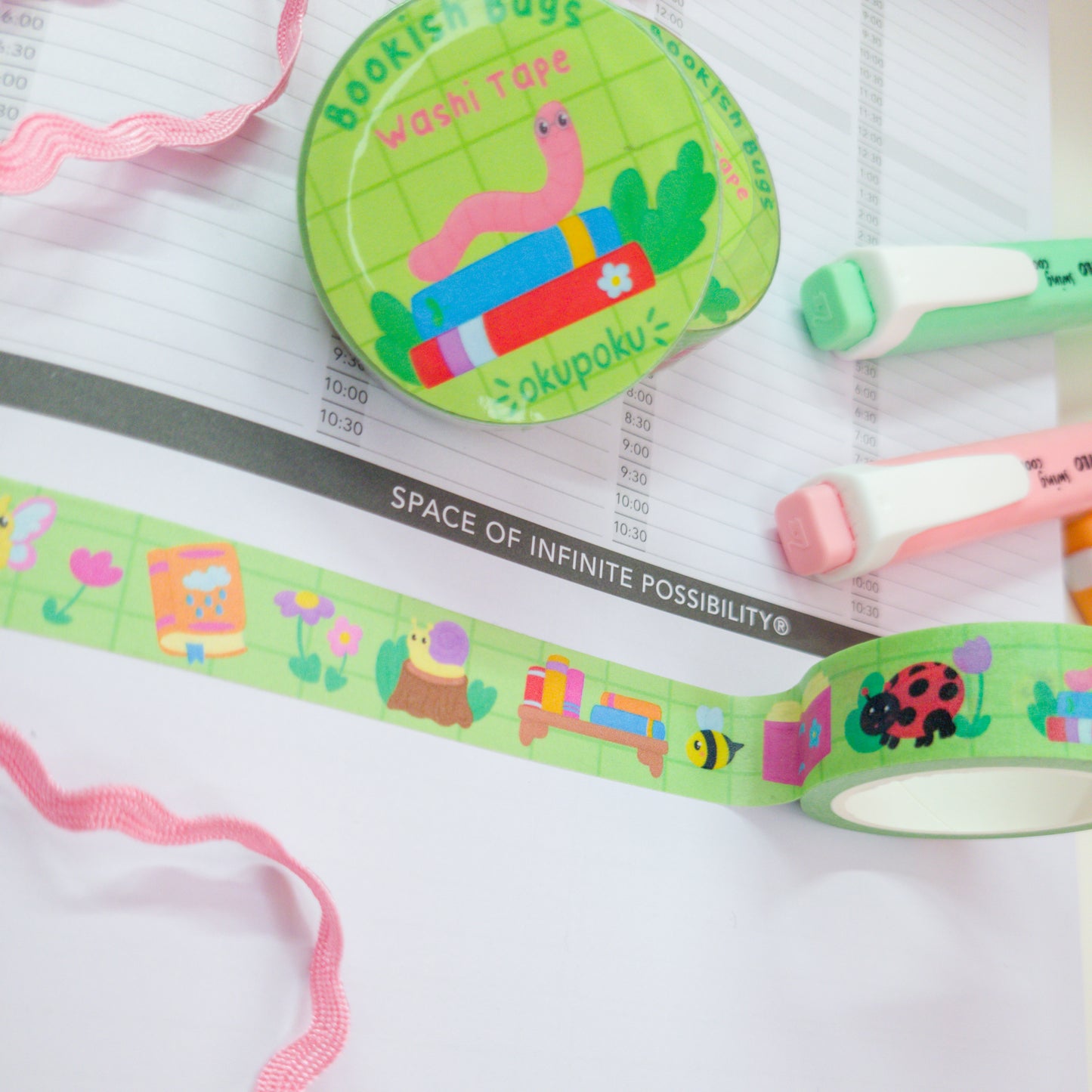 Bookish themed washi tape, featuring different bugs and books, perfect for journals
