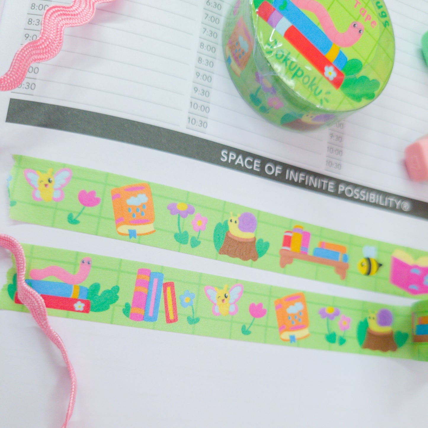 Bookish themed washi tape, featuring different bugs and books, perfect for journals