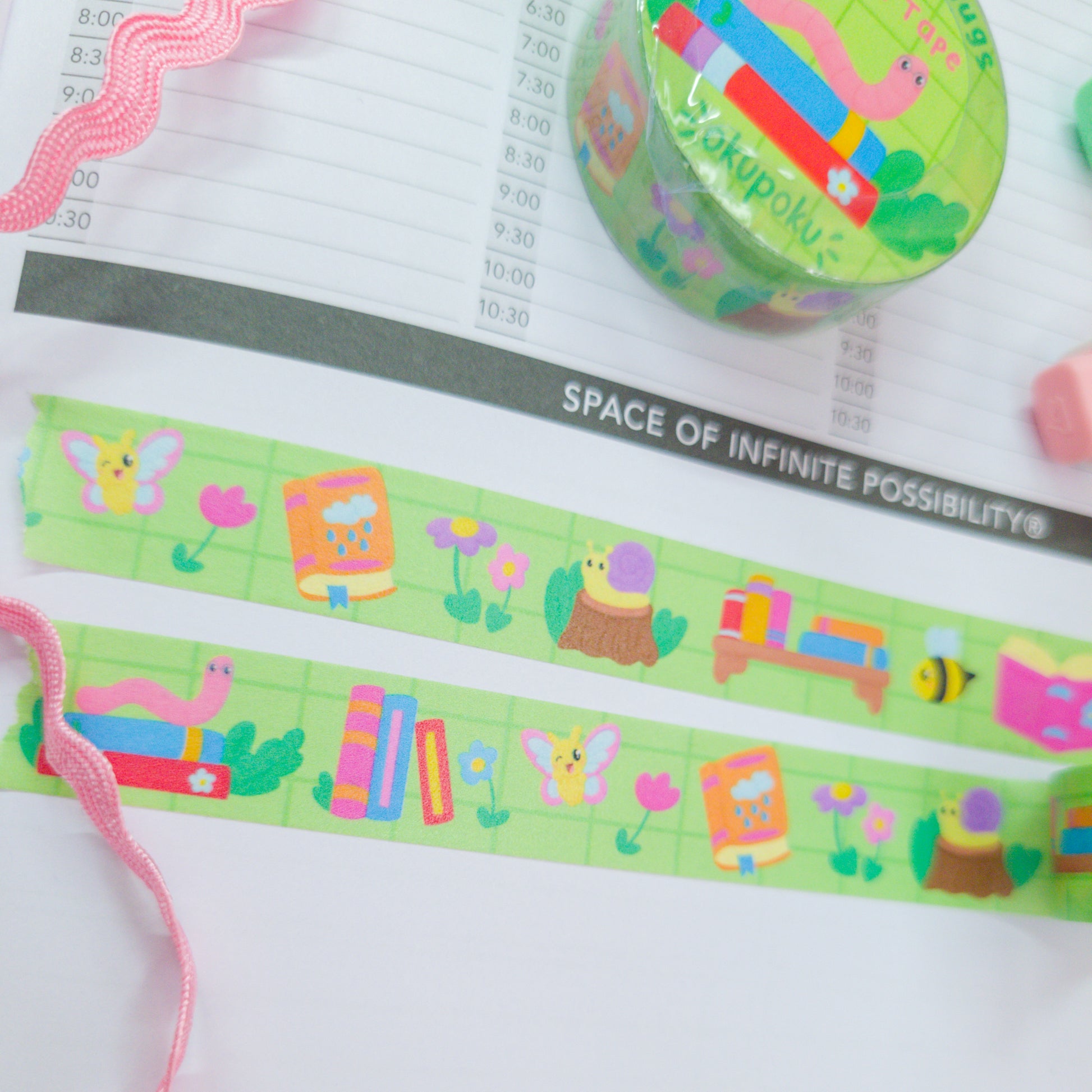 Bookish themed washi tape, featuring different bugs and books, perfect for journals