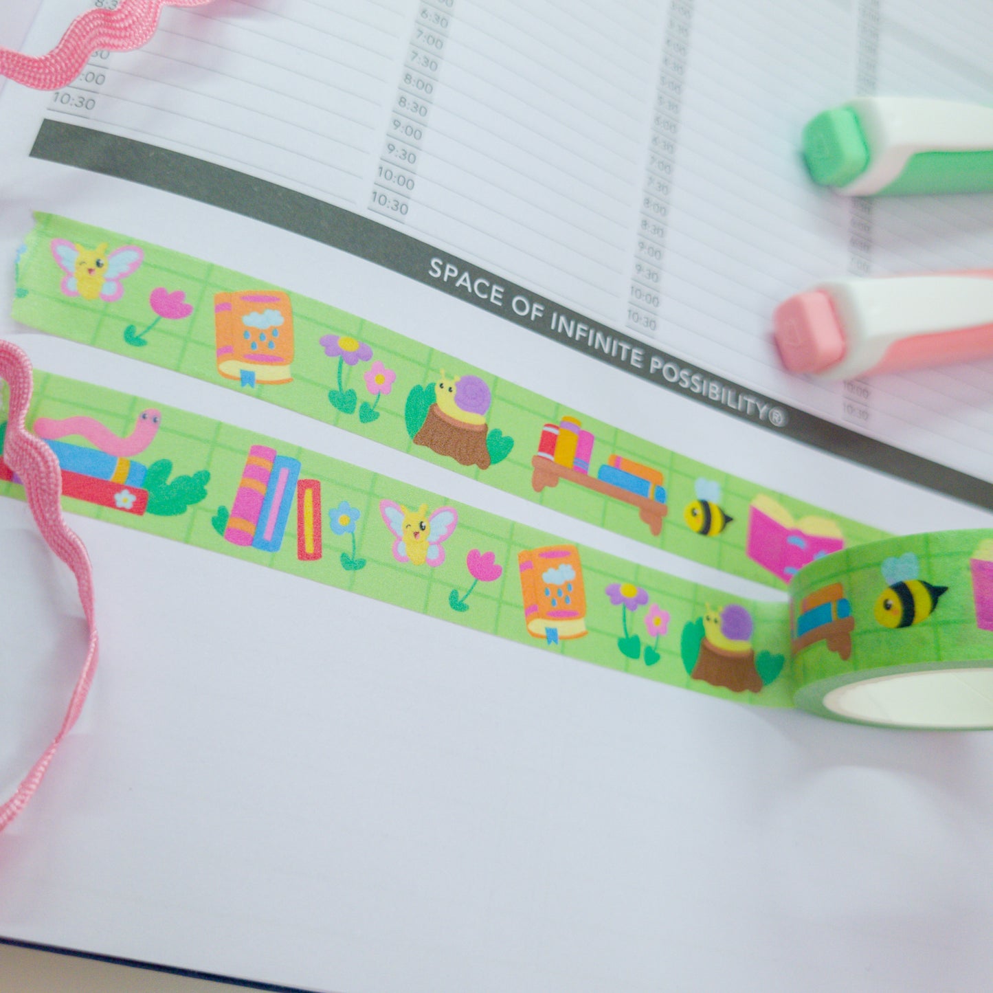 Bookish themed washi tape, featuring different bugs and books, perfect for journals