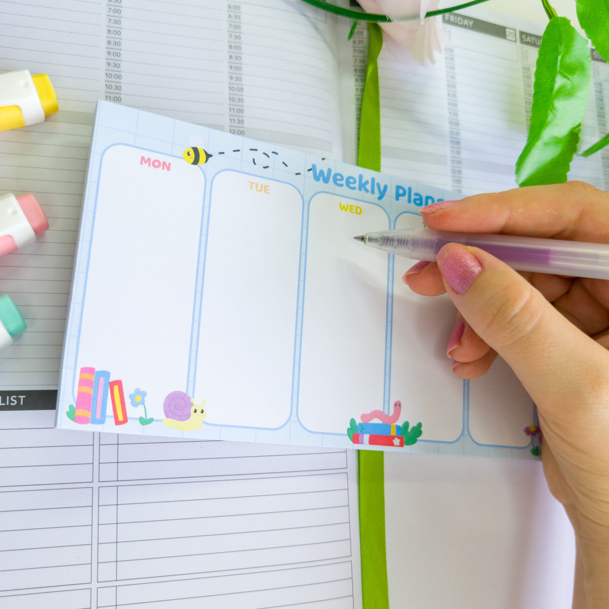 Bookish bugs weekly planner, shown in use, great for ADHD planning