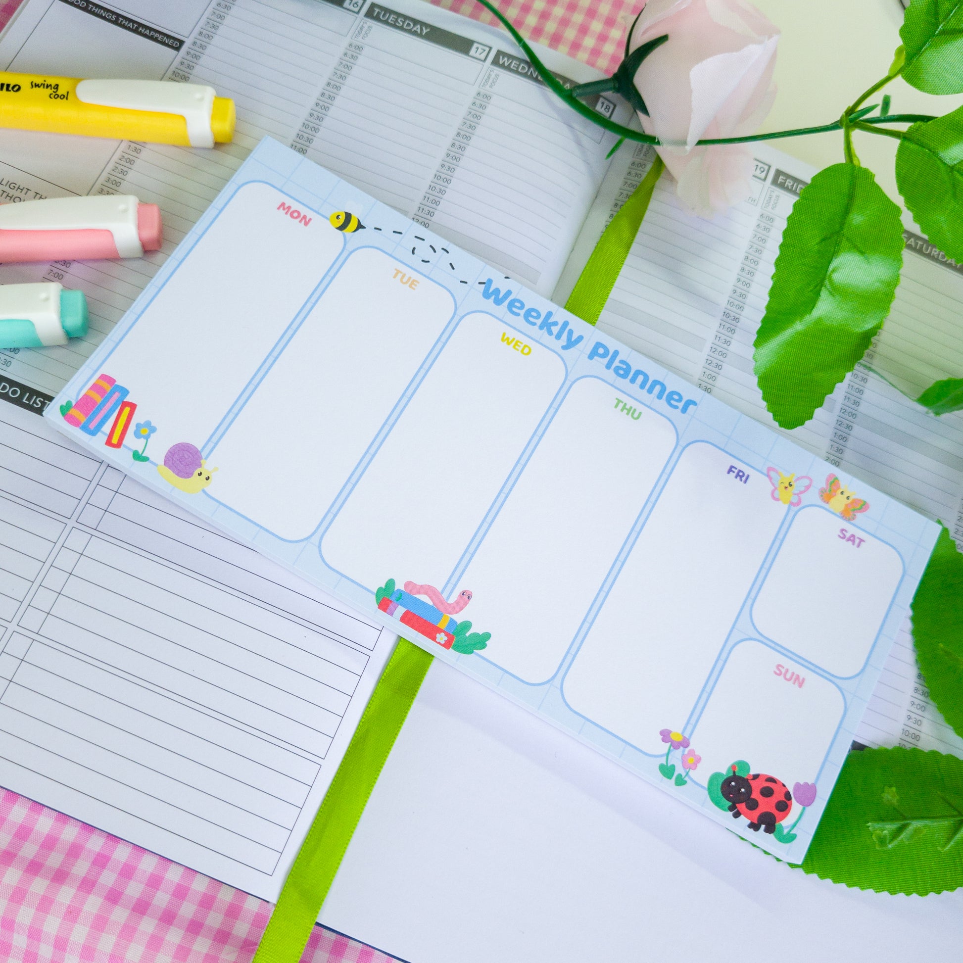 Bookish bugs weekly planner, shown in use, great for ADHD planning