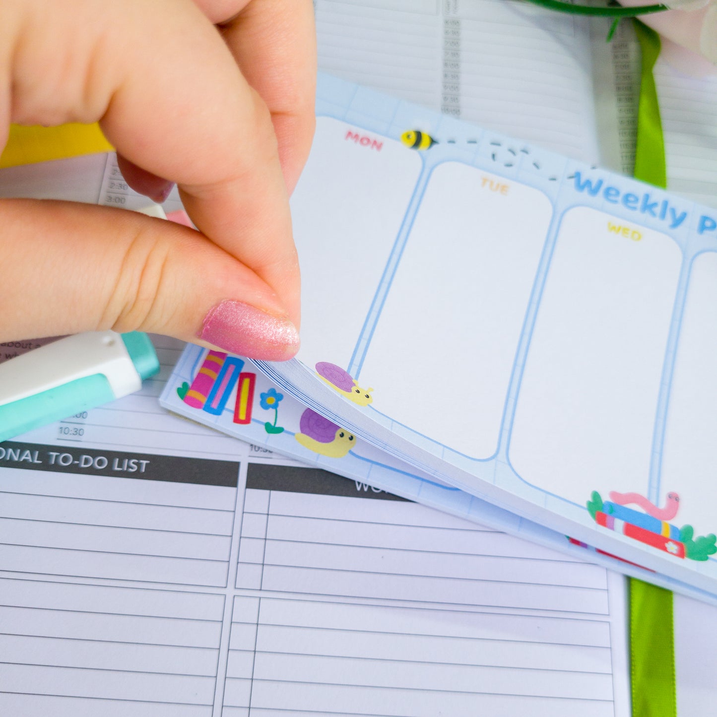 Bookish bugs weekly planner, shown in use, great for ADHD planning