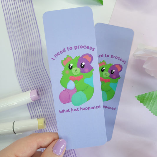 Frankenbear bookmark featuring the text "I need to process what just happened"