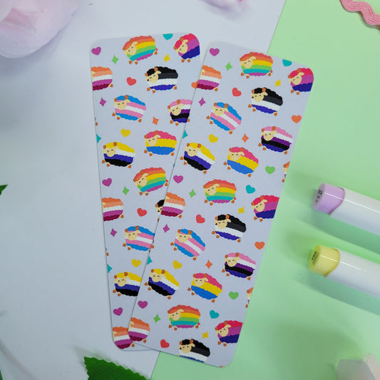 Pride themed bookmark with colourful sheep on them