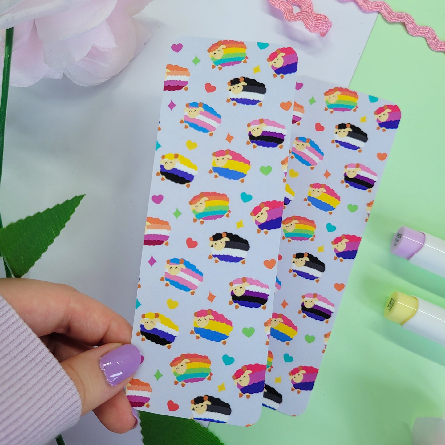 Pride themed bookmark with colourful sheep on them